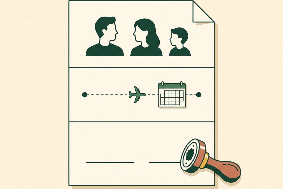 插图:一页同意书的版面被拆成几块——顶部两个人物剪影与一个孩子的剪影,中段是一条标着起止两点的行程线,底部是两处并排的签名栏与一枚钢印圆环