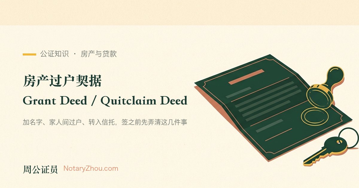 插图：一份房产契据摊在桌面上，旁边是公证钢印、房屋钥匙与县登记处的收件戳