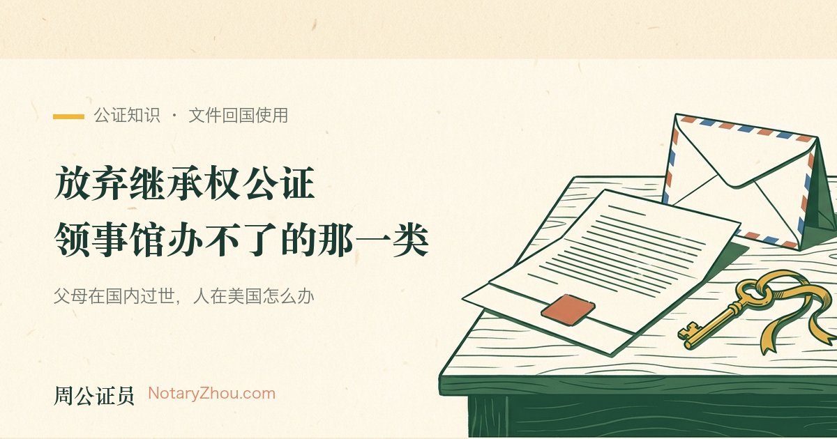插图：一份待签的中文声明书旁放着一枚公证钢印、一串老式房门钥匙和一个准备寄回中国的航空信封