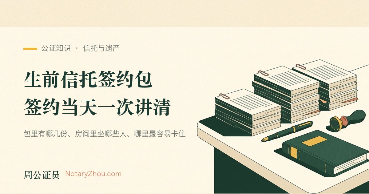 插图：签约桌上并排摆着几摞遗产规划文件，旁边是一支钢笔、一枚公证印章和一本公证记录簿