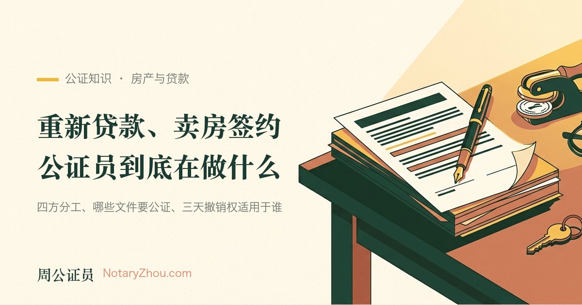 插图：桌上摊开的一叠贷款签约文件、一支钢笔、一枚公证钢印与一把房门钥匙