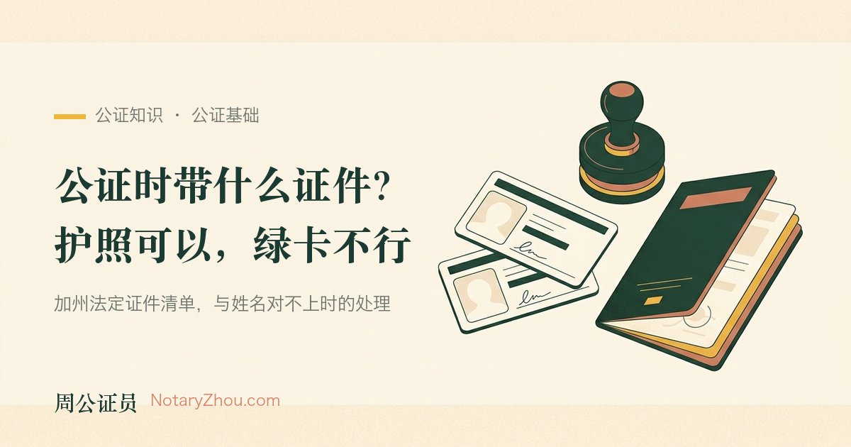 插图：公证员桌面上摊开的中国护照、加州驾照与一份待签文件，旁边是登记簿与钢印