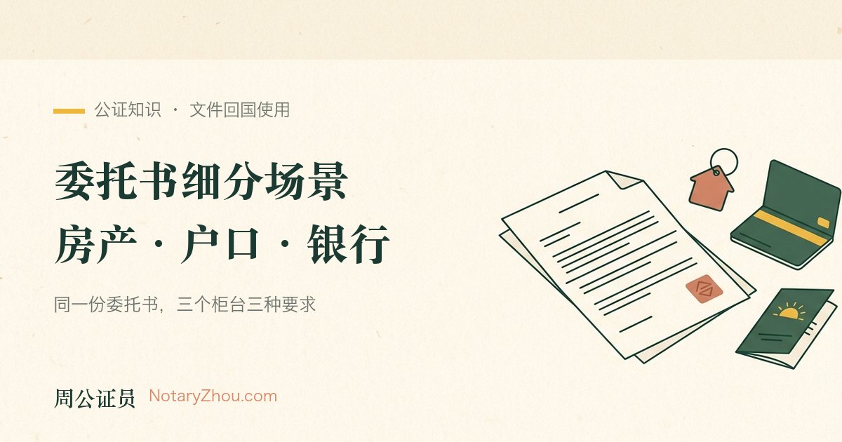 插图：一份委托书正本旁边摆着三条不同的去向——房产登记的图纸、银行柜台的存折、派出所的户口本