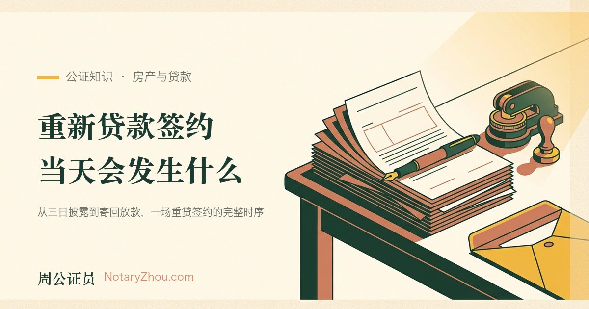 插图：夜晚餐桌上摊开的贷款文件包、一支笔、一枚公证钢印，和一只等着封口的快递袋