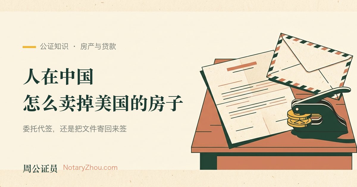 插图：一份摊开的美国房产契据、一枚钢印压印器与一只贴着航空标签的国际快递信封并排摆放