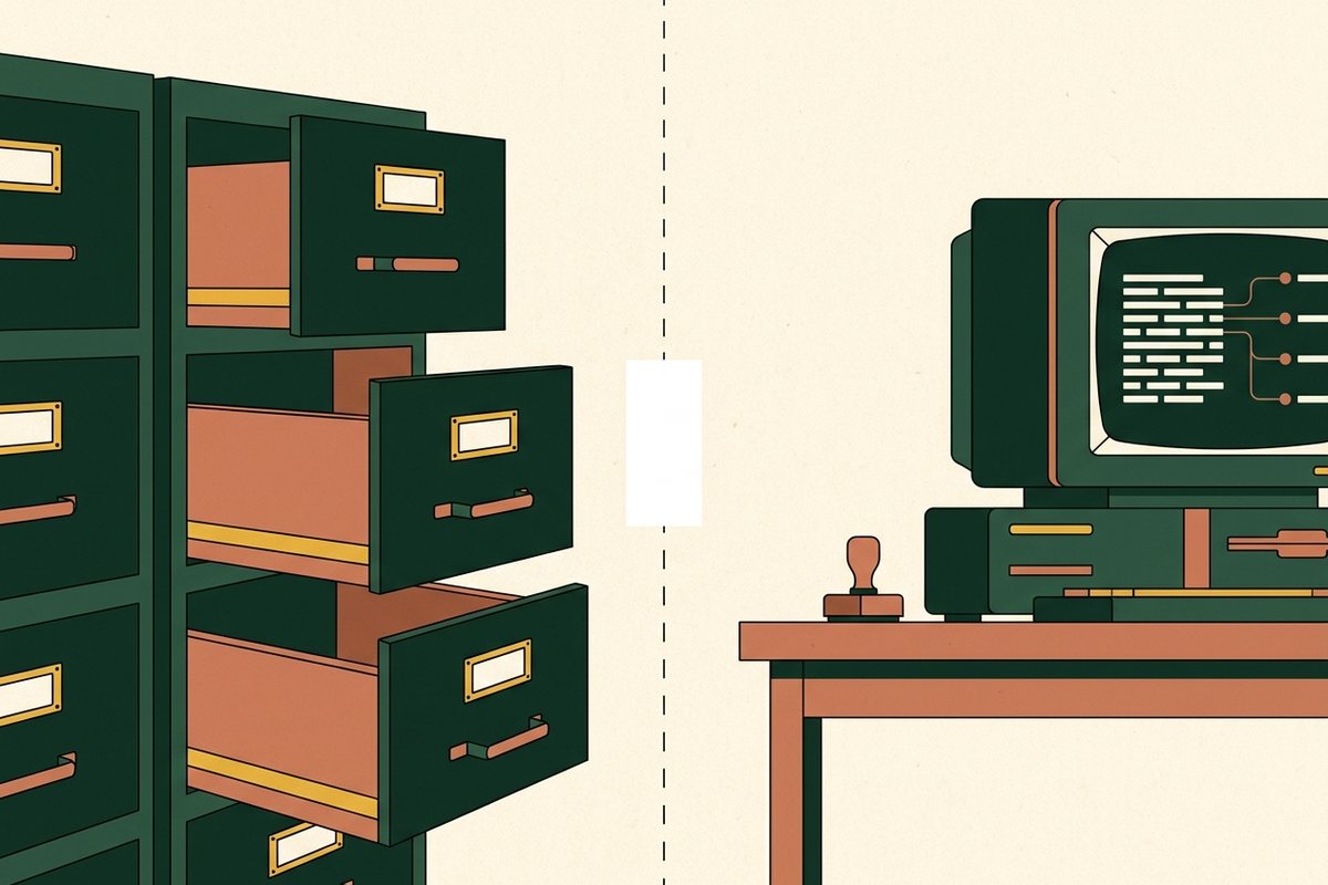 插图:左边是一排空荡荡的政府档案柜抽屉,抽屉标签处只有空白横线;右边是一枚盖着红色方印的表格与一台联网查询终端,两侧之间隔着一道断开的虚线