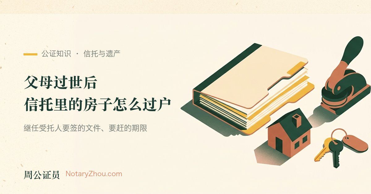 插图：一个敞开的信托文件夹旁放着一串房门钥匙、一枚公证印章和一栋小房子模型