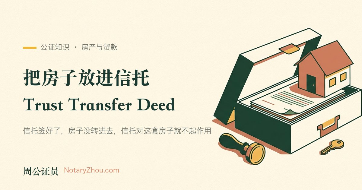 插图：一只敞开的档案盒里叠着文件，一栋小房子模型停在盒沿上正要放进去，旁边摆着公证钢印与一把钥匙