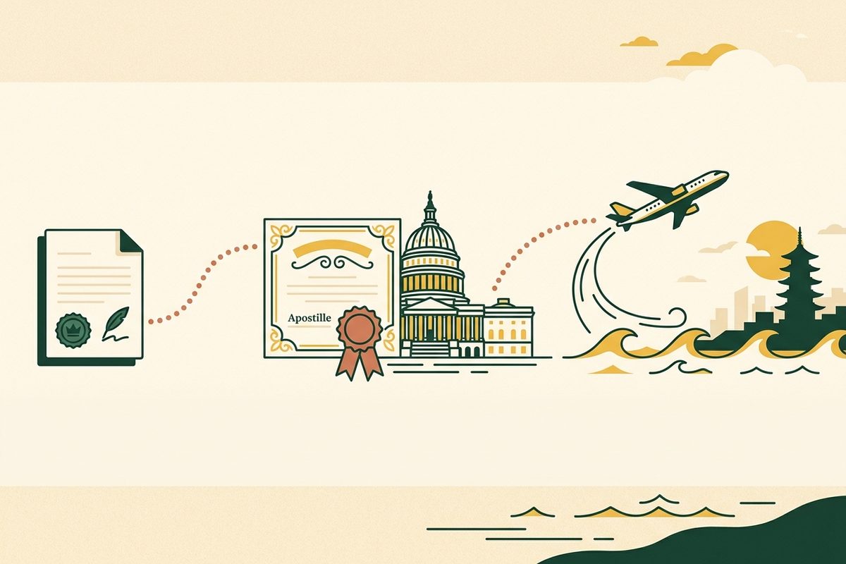 插图：一份文件的旅程——公证印章、州务卿的附加证明书、跨越太平洋的航线