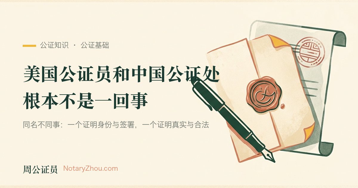 插图：一枚美国公证印章与一份中国公证书并排放置，中间隔着一道分界线