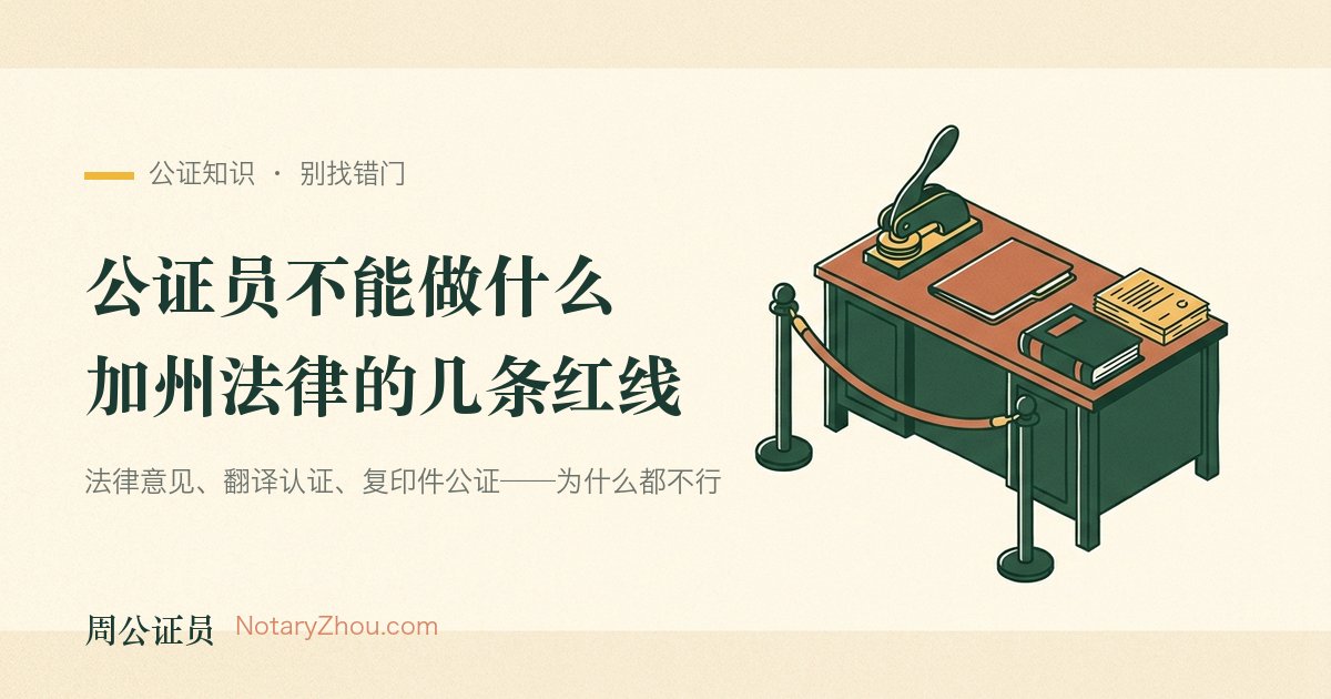 插图：一张公证员的工作台，前方一条低矮的分隔绳把几件不属于公证范围的物件挡在线外